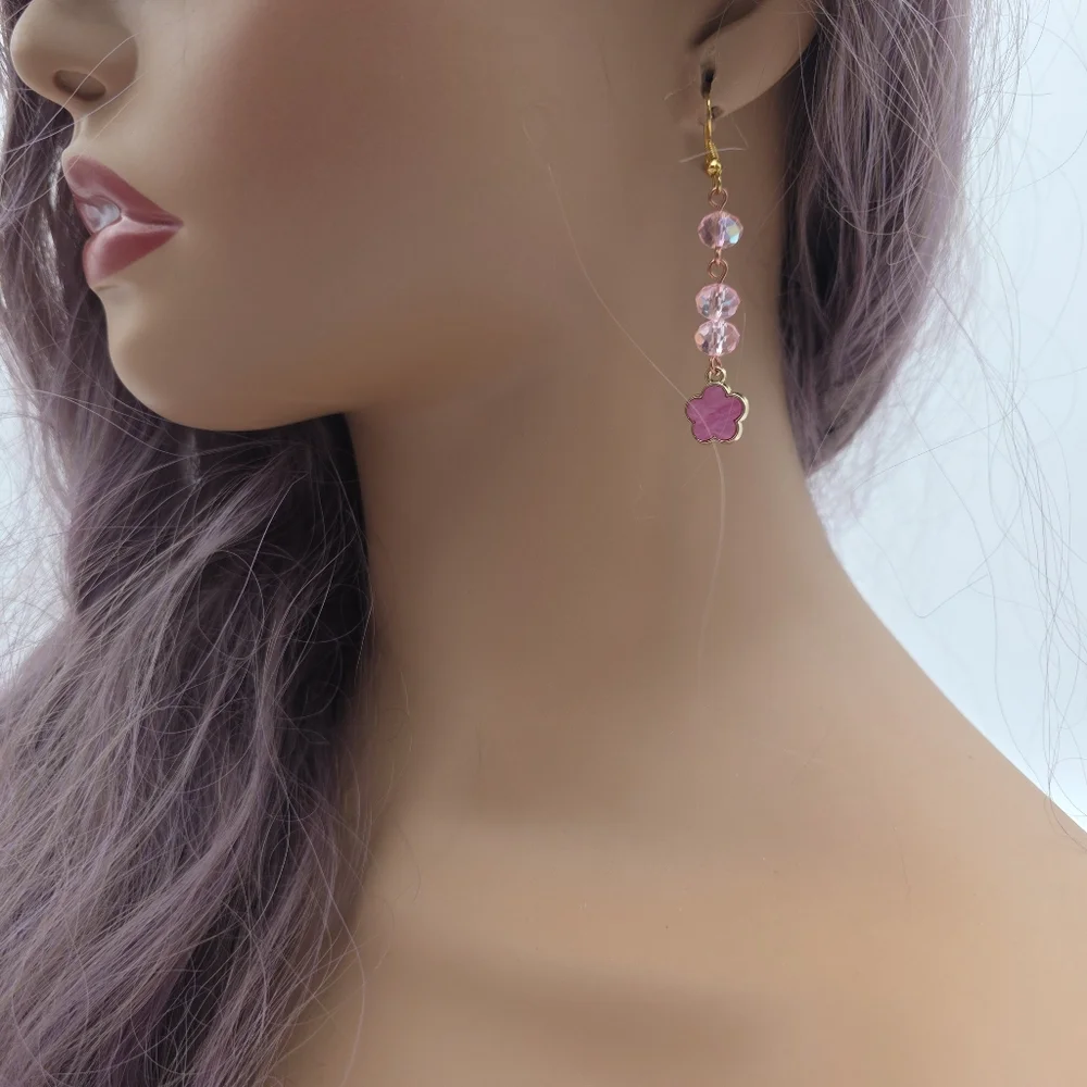Pink Crystal Flower Dangle Earrings – Gold Hook Handmade Beaded Jewelry - Picture 5 of 5
